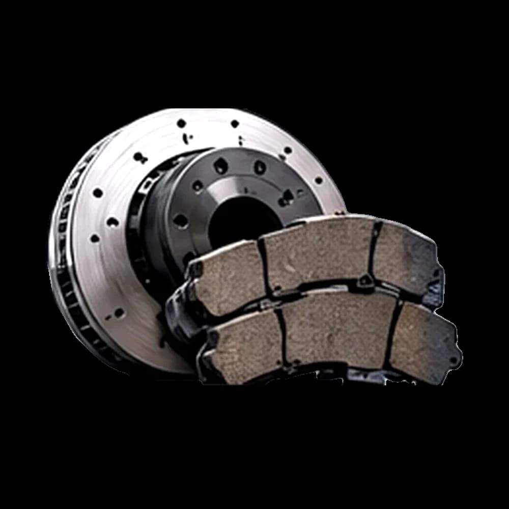 Drilled brake disc with a set of brake pads
