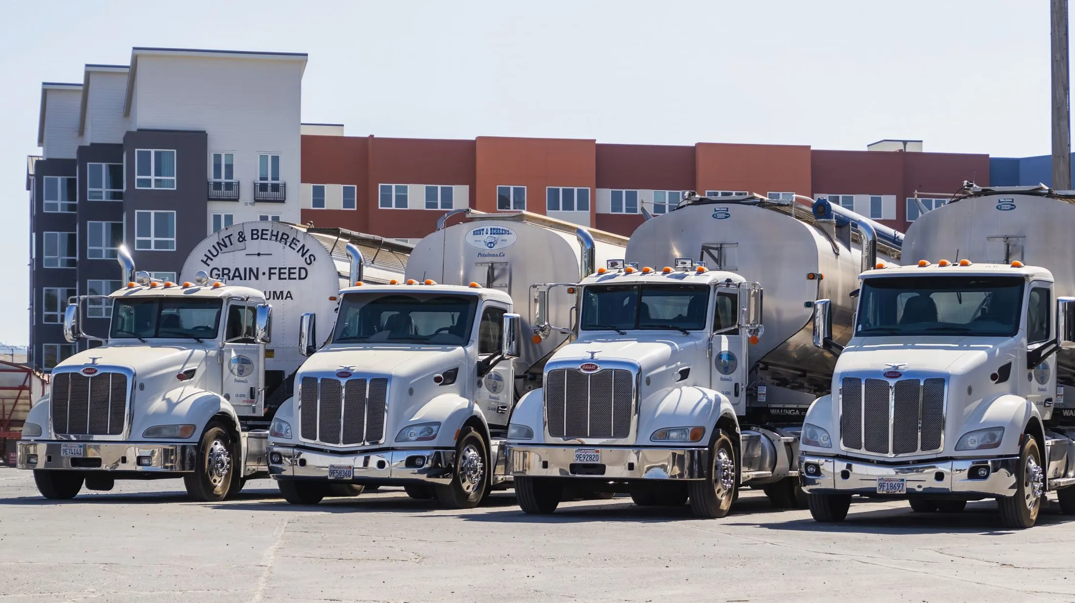 Row of parked tractor units with tanker trailers in a yard